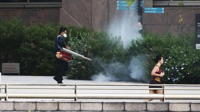 Workers spraying pesticides in Singapore as part of the fight against dengue fever