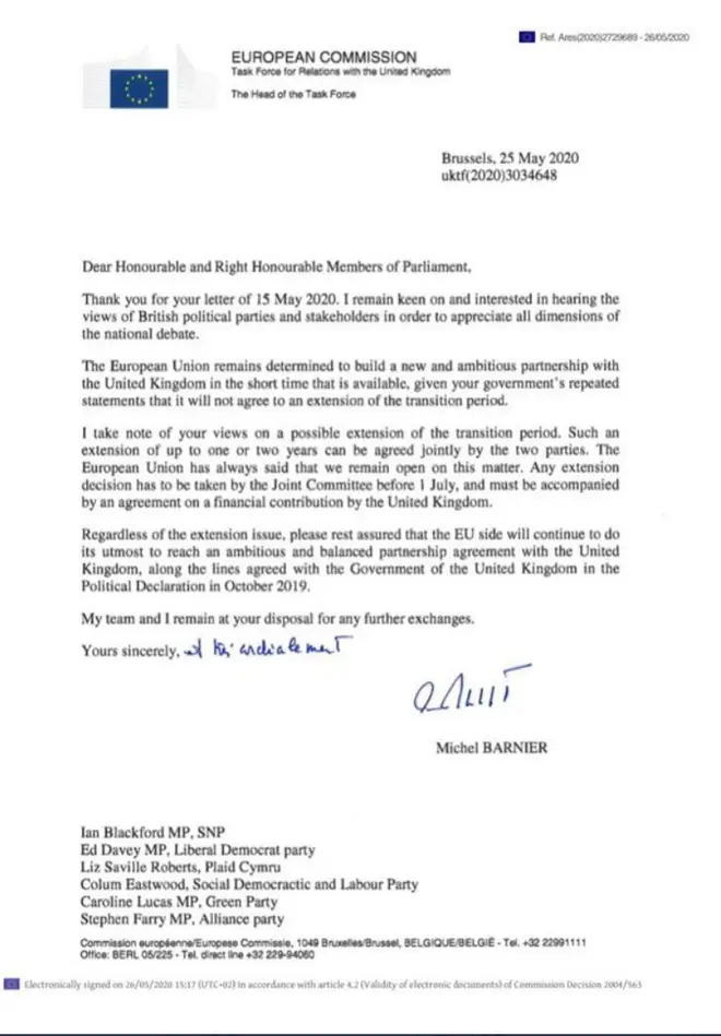 Michel Barnier sent the letter to Westminster leaders