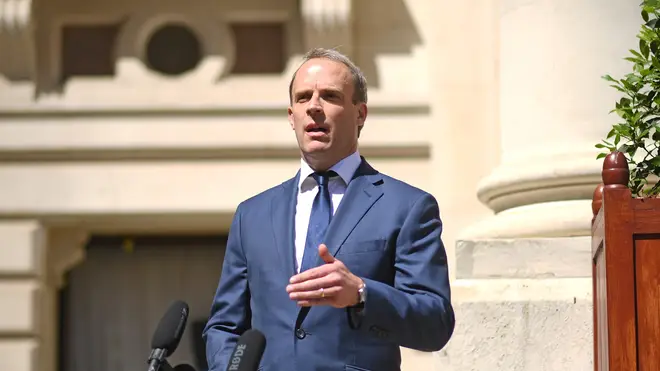 Foreign Secretary Dominic Raab speaks outside Foreign and Commonwealth Office