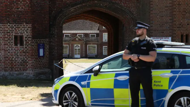 Police presence at the entrance to Lullingstone Castle in Eynsford, Kent