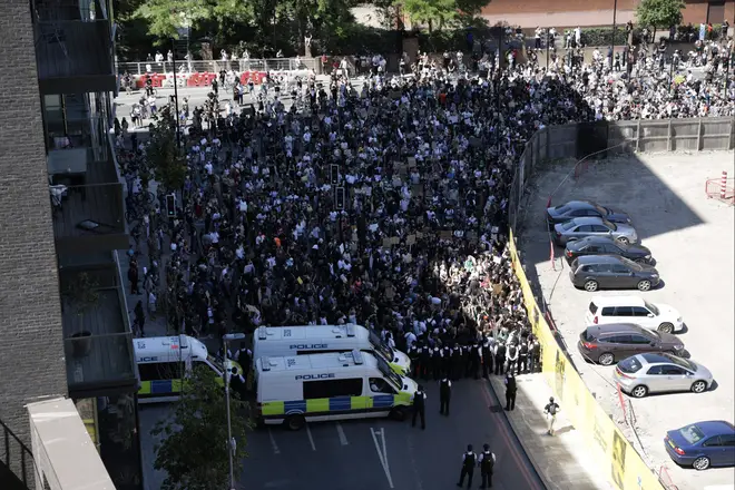 The protesters were blocked by police as they went towards the American Embassy