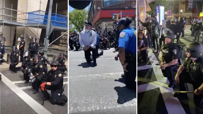 Officers in Portland (left), New York (centre) and Boston (right) took the knee for protesters