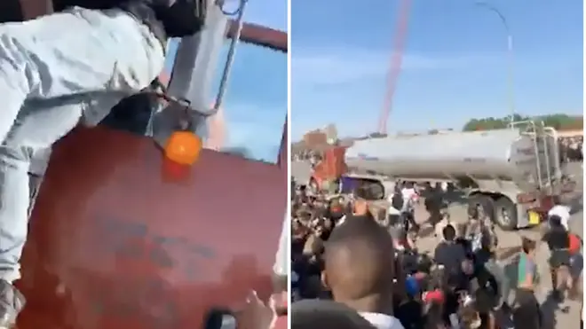 Video shows protesters chasing the lorry after it drives into the crowd