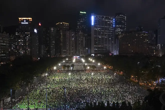 Tens of thousands of pro-democracy campaigners gathered at Victoria Park in Hong Kong