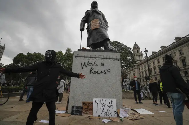 The Churchill Monument in London was vandalised following protests on Sunday