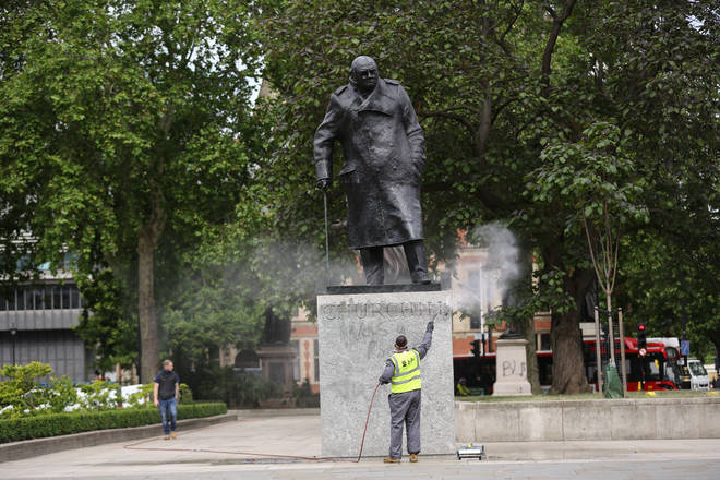 A statue of Winston Churchill was graffitied on Sunday