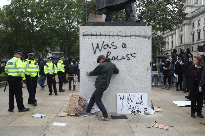 A statue of Churchill in Parliament Square was damaged at the weekend