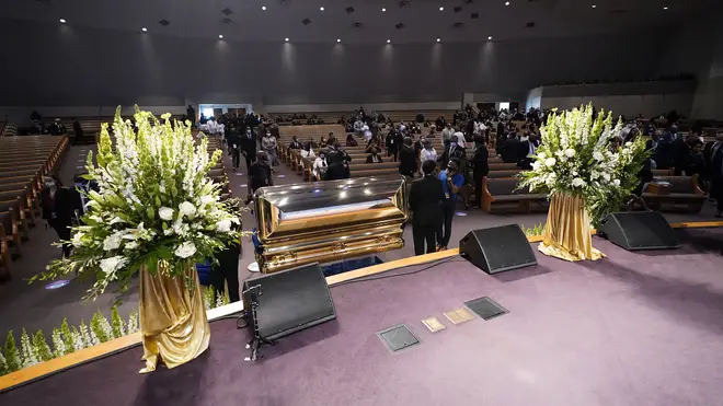 The casket of George Floyd lies in wait for his funeral service
