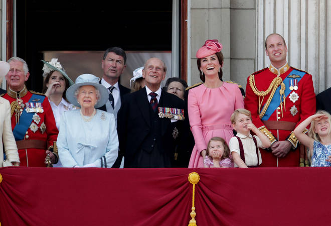 The Prince of Wales, Princess Eugenie, Queen Elizabeth II, The Duke of Edinburgh, Duchess of Cambridge, Princess Charlotte, Prince George and The Duke of Cambridge on the balcony of Buckingham Palace, in central London, following the Trooping the Colour ceremony at Horse Guards Parade.