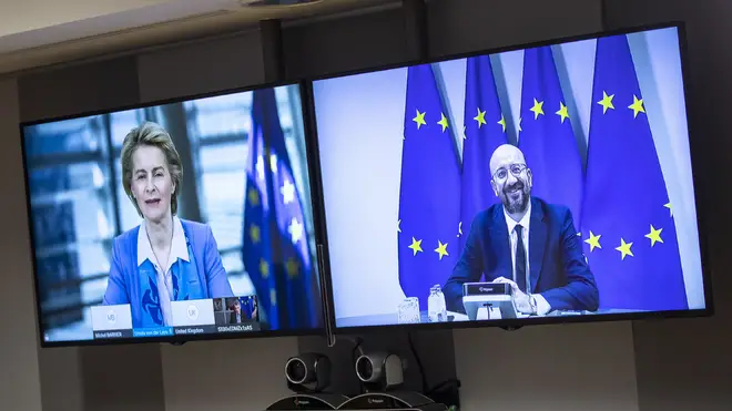 European Council President Charles Michel, on screen right, speaks via videoconference to European Commission President Ursula von der Leyen
