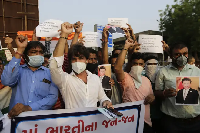 Indians shout slogans during a protest against China in Ahmedabad, India