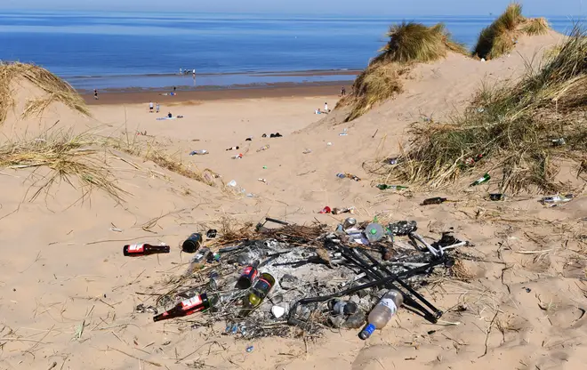 Litter left on the Formby Beach sand dunes in Merseyside