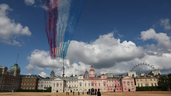 The Red Arrows and their French equivalent, La Patrouille de France, flying over Horse Guards Parade in London