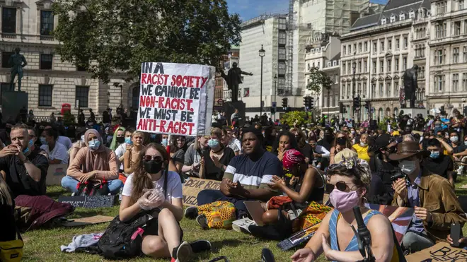 Pictures of BLM protesters on June 21 gathering at Parliament Square