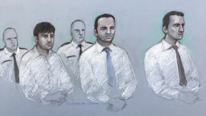 Court artist sketch by Elizabeth Cook of (left to right) Henry Long, 19, Albert Bowers, 18, and Jessie Cole, 18, as they sit in the dock at the Old Bailey