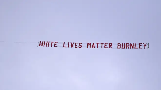 The White Lives Matter banner was flown over Manchester City's Etihad Stadium on Monday