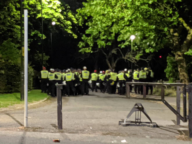 Dozens of police officers were spotted at the common