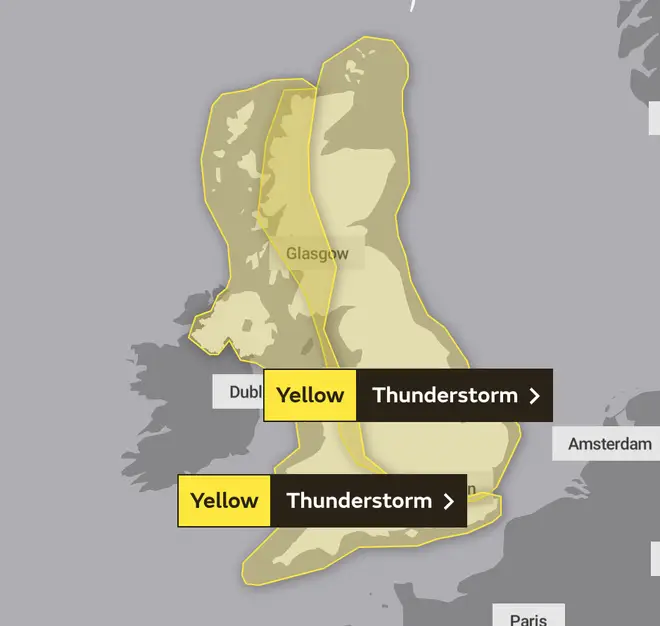 A yellow weather warning is in place covering the UK on Friday