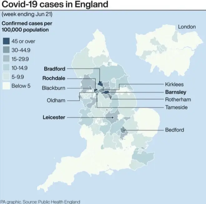 Some areas of England have been identified as having higher than average numbers of covid-19 cases
