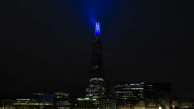 The Shard illuminated blue on Friday evening as part of the NHS birthday celebrations