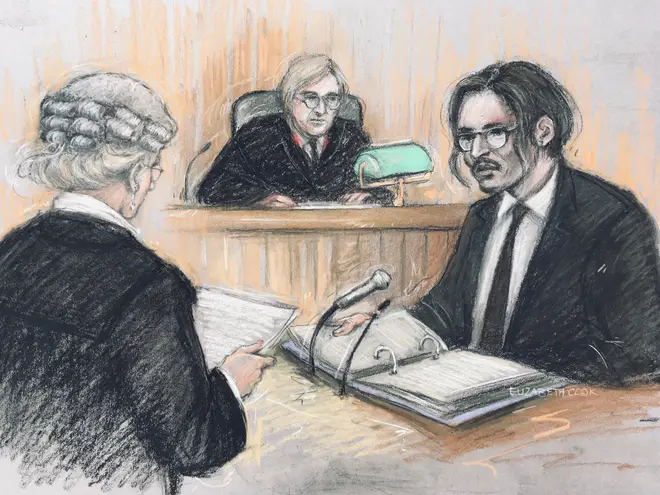 Mr Depp in a court sketch speaking today