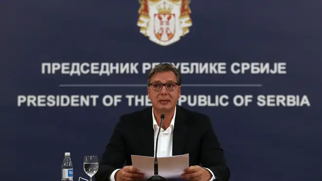 Serbia's President Aleksandar Vucic speaks during a press conference in Belgrade, Serbia
