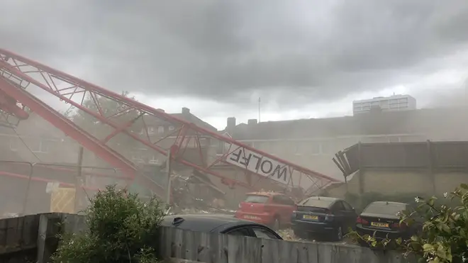 The crane moments after it collapsed