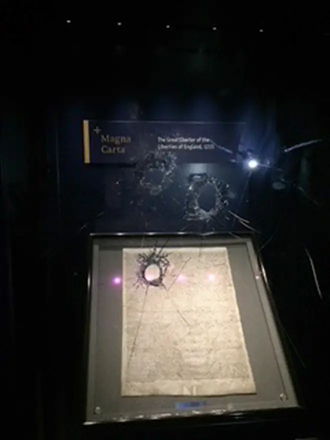 the damaged box which holds the Magna Carta in Salisbury Cathedral
