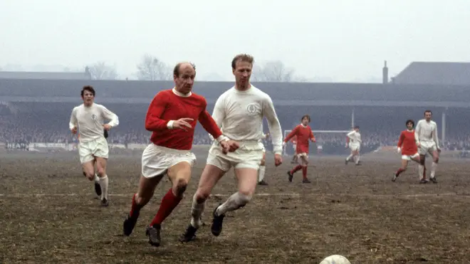 Jack (R) and Bobby Charlton (L) playing against one another for Manchester United and Leeds United in 1969