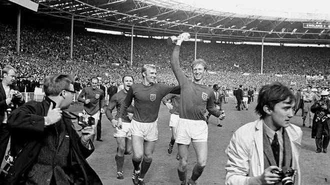 Jack Charlton holding aloft the Jules Rimet World Cup for England in 1966