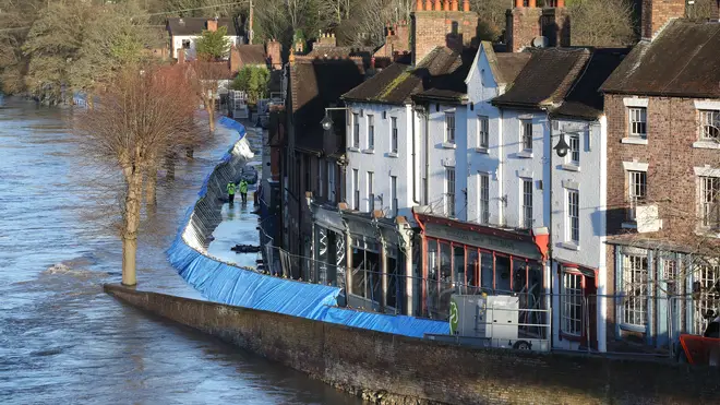 Temporary flood barriers in Ironbridge, Shropshire, after the River Severn flooded