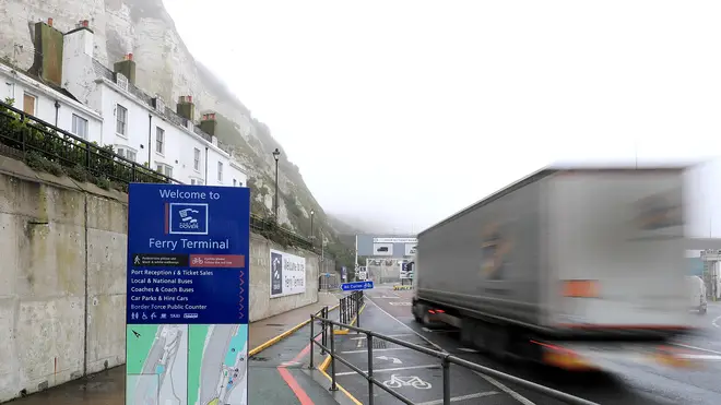 A lorry arrives at the Port of Dover in Kent
