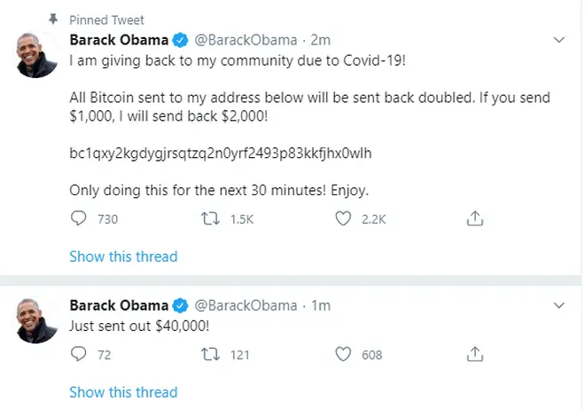 Barack Obama's Twitter account was among those impacted by the scam