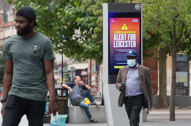 Coronavirus alert messages on a sign in the centre of Leicester, where localised lockdown restrictions have been in place since June 29