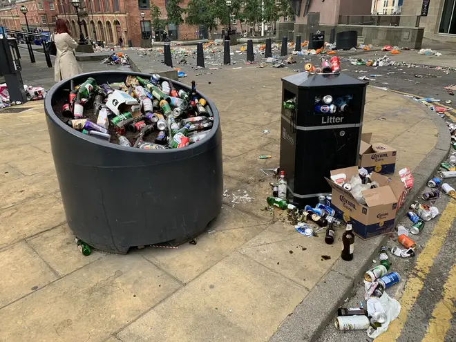 Millennium Square in Leeds city centre was left strewn with rubbish following Sunday's festivities