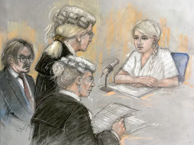 Ms Heard in a court sketch giving evidence
