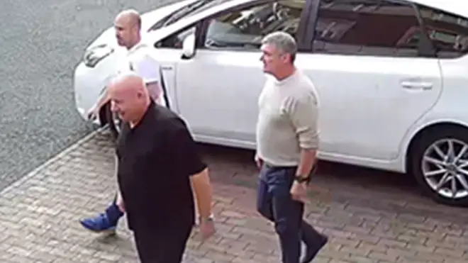 (left to right) Thomas Mee, 42, Vincent Ball, 52, and John Barlow, 58, arriving at a hotel in Derby where they stayed before committing a burglary in Barnby Moor