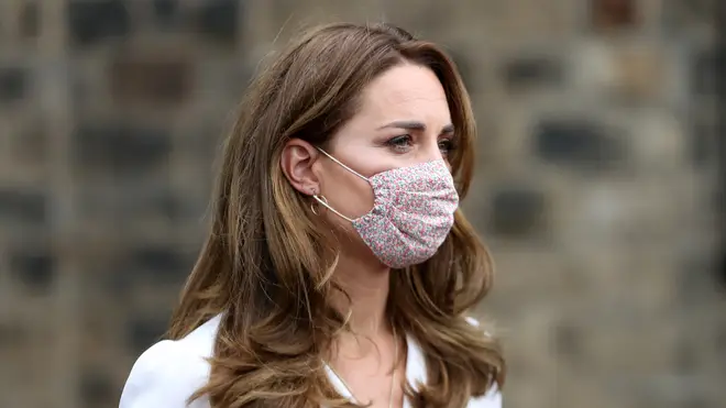 The Duchess of Cambridge, wearing a face mask, during a visit to Baby Basic UK & Baby Basics Sheffield