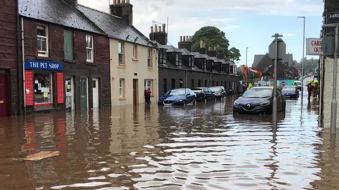 Flooding in Stonehaven, Aberdeenshire in Scotland, where a nearby train derailed