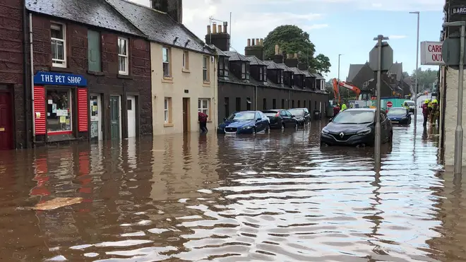 Flooding in Stonehaven, Aberdeenshire in Scotland, where a nearby train derailed.