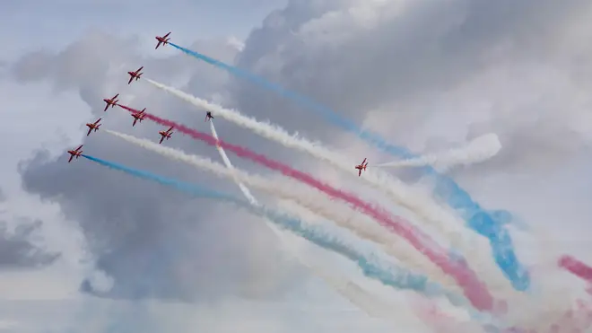 The Red Arrows perform their display at RAF Scampton in Lincolnshire