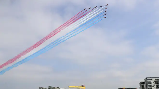 The Red Arrows soared over Belfast this afternoon