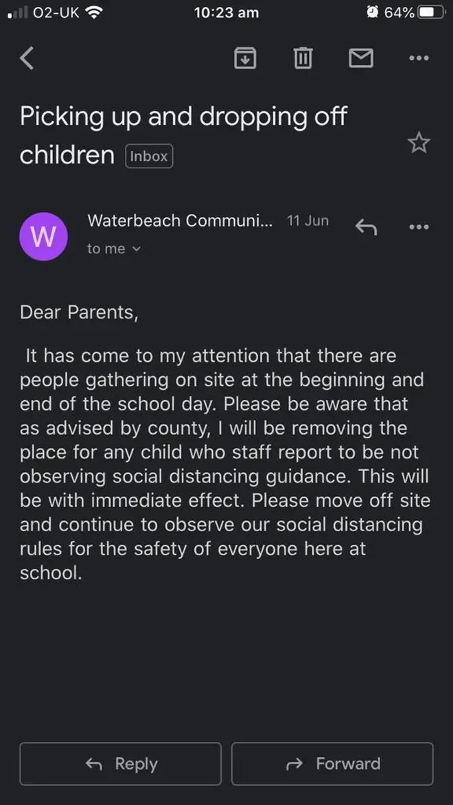 The email sent to Waterbeach Community School parents