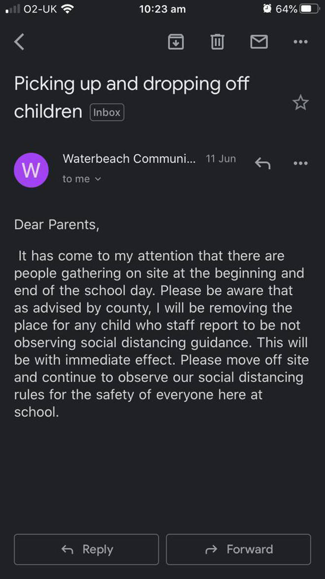 The email sent to Waterbeach Community School parents