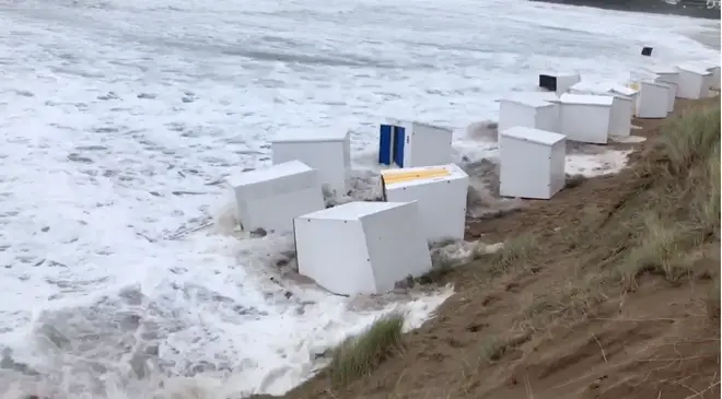 The beach huts have been washed away into the sea