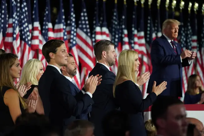 Children of Donald trump applaud the president. U.S. President Donald Trump formally accepts the 2020 Republican presidential nomination during his Republican National Convention address