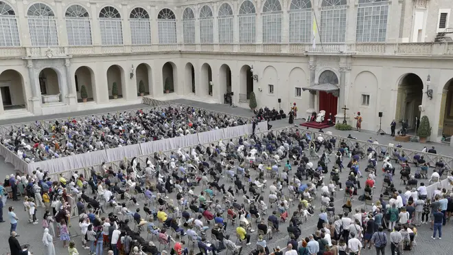 Pope Francis during his general audience, the first with faithful since February when the coronavirus outbreak broke out, at the San Damaso courtyard at the Vatican