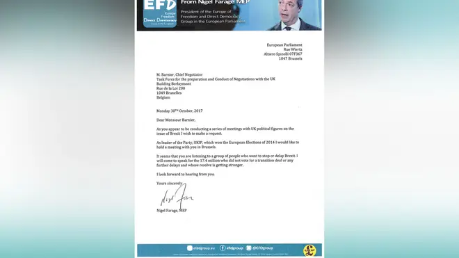 This is the letter Nigel Farage has written to the EU's chief negotiator Michel Barnier.