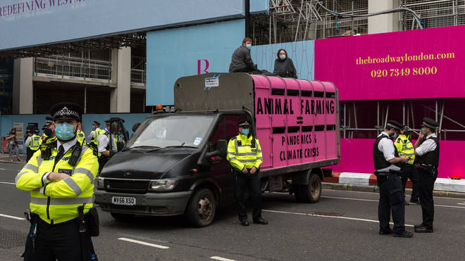 Some activists glued themselves on top of a pink slaughterhouse truck