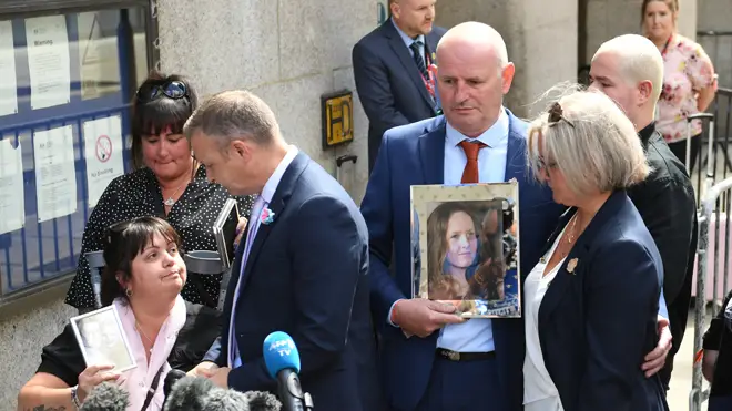 Family members of victims of the Manchester Arena bombing, outside the Old Bailey in London, after terrorist Hashem Abedi was sentenced
